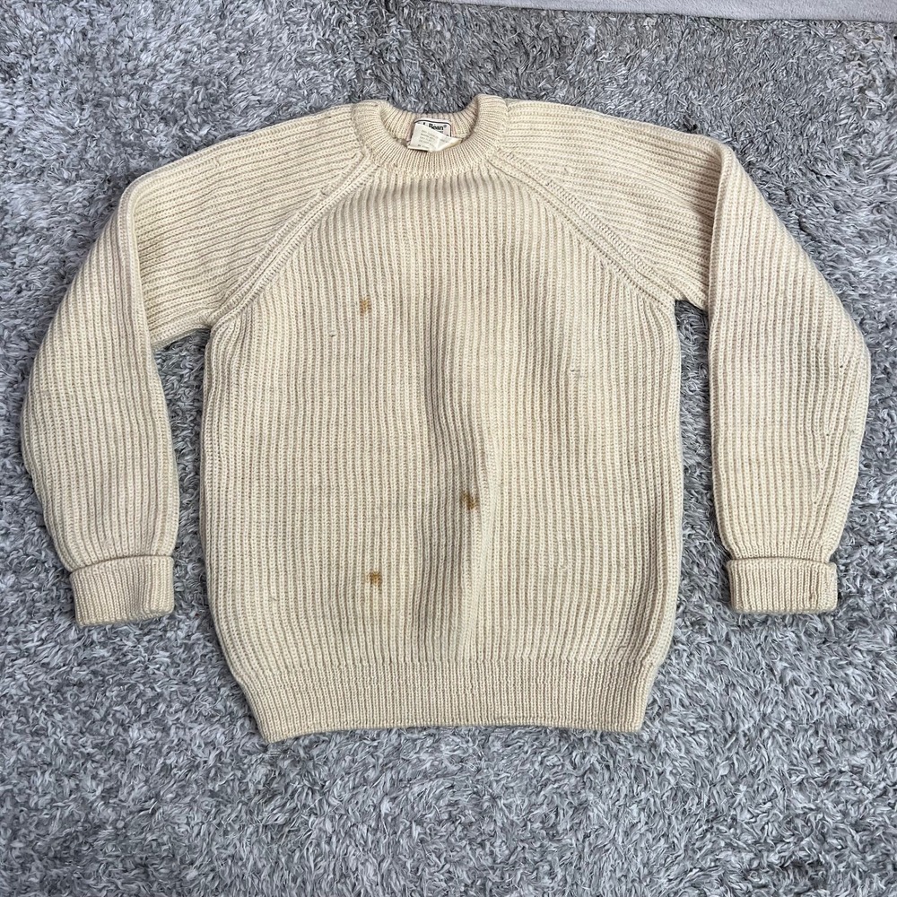 Vintage LL Bean British Wool Sweater Womens M Made England Cream Fisherman Knit